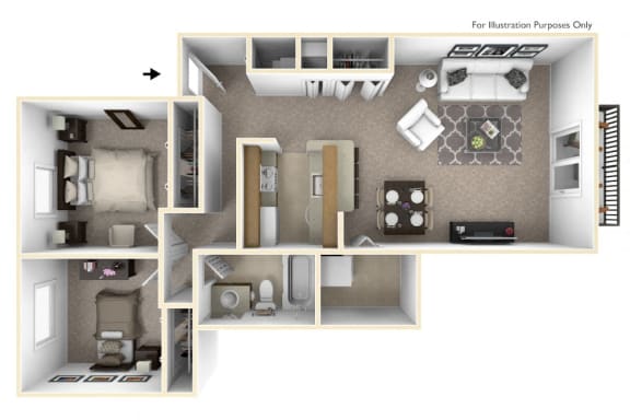 2-Bed/1-Bath, Lily Floor Plan at Portsmouth Apartments, Michigan, 48377