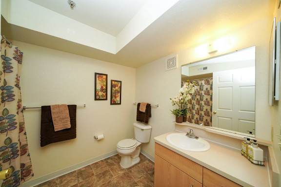 A bathroom with a toilet, sink, and mirror at Limestone Creek Apartment Homes, Alabama