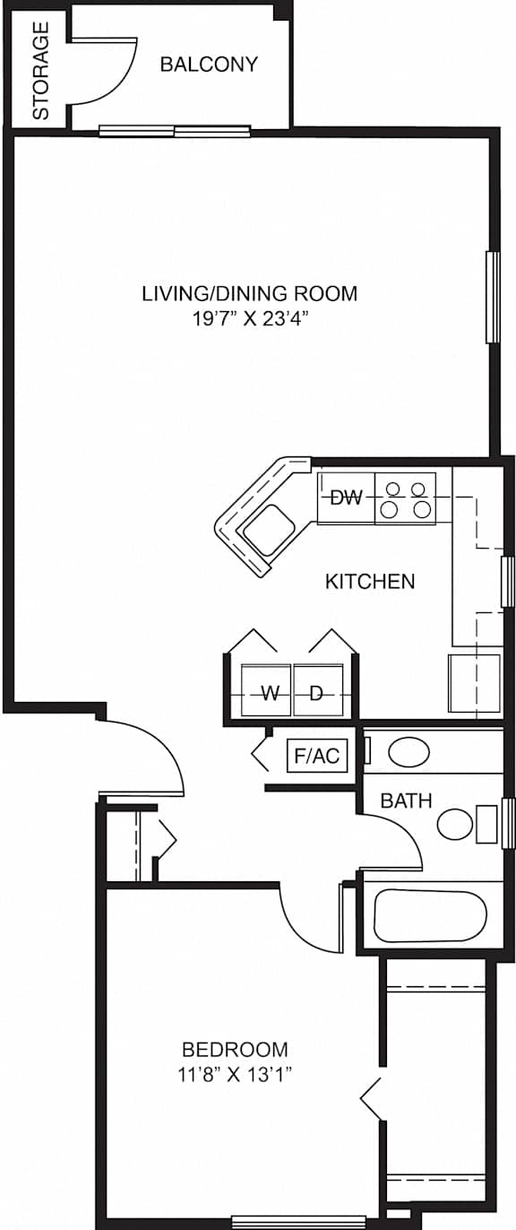 One bedroom end 2D floor plan at Limestone Creek Apartment Homes, Alabama