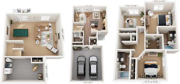 Three Bedroom Two-story 3D Floor Plan at Lynbrook Apartment Homes and Townhomes, Elkhorn