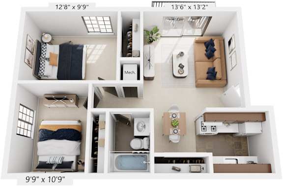 Two Bedroom One Bath 3D Floor Plan at Madeira Apartments, Michigan, 49001