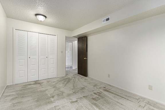 A room with a carpeted floor and a brown door.