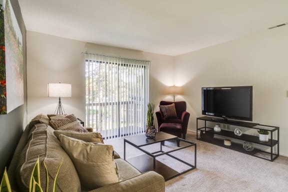 a living room with a couch and a tv  at Sycamore Creek Apartments, Lake Orion, Michigan