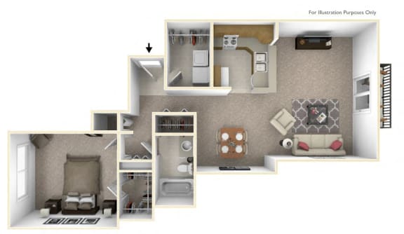 1-Bed/1-Bath, The Matthew Floor Plan at Prairie Lakes Apartments, Peoria, 61615