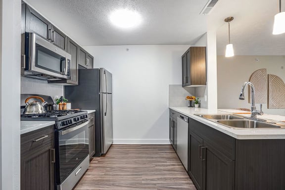 a kitchen with stainless steel appliances and a sink at Meadowbrooke Apartment Homes, Grand Rapids