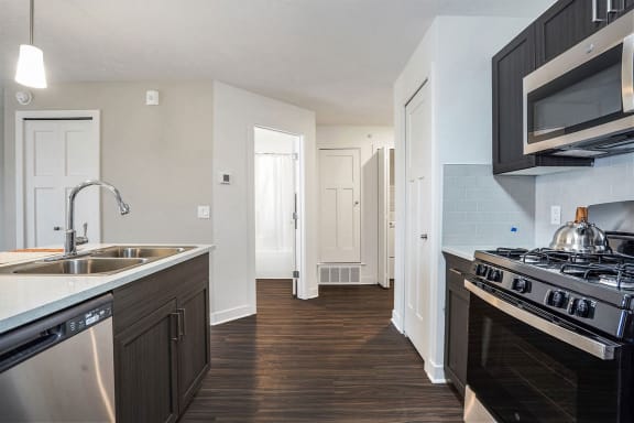 a kitchen with a sink and a stove and a microwave at Meadowbrooke Apartment Homes, Grand Rapids, Michigan