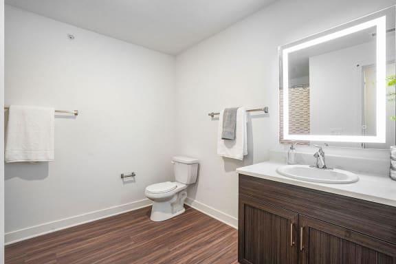 a bathroom with a toilet and a sink and a mirror at Meadowbrooke Apartment Homes, Grand Rapids