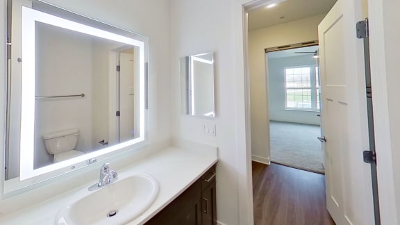 a bathroom with a sink and a large mirror at Meadowbrooke Apartment Homes, Michigan