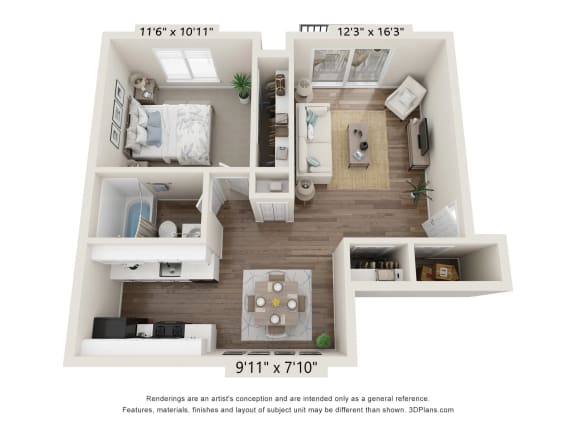 a 3d floor plan of a 1 bedroom apartment at Cordoba Apartments, Farmington Hills, MI, 48334