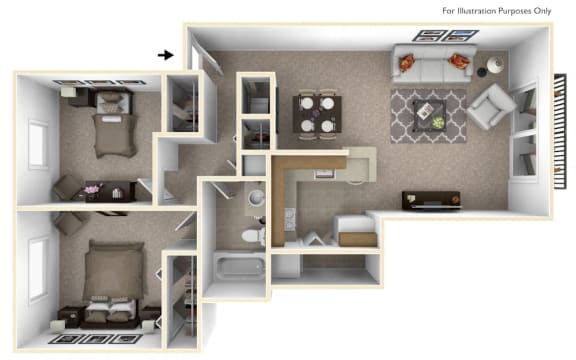 2-Bed/1-Bath, Moonflower Floor Plan at Southport Apartments, Michigan, 48111