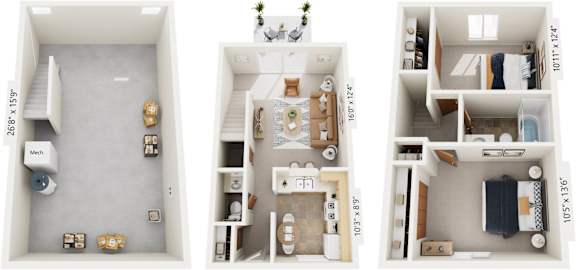 Two-Bedroom Townhome 3D Floor Plan at Mount Royal Townhomes, Michigan
