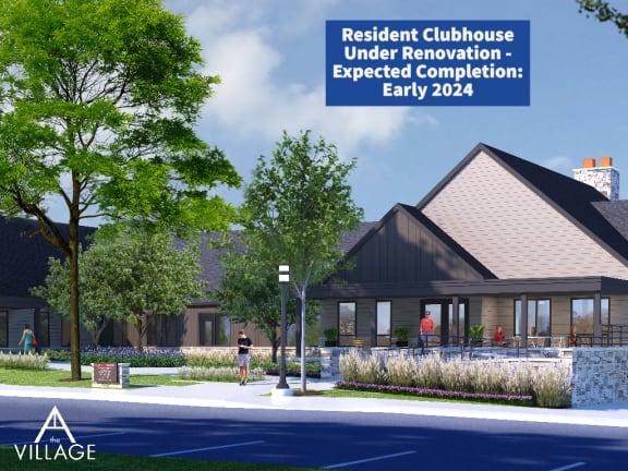 a rendering of the resident clubhouse under renovation expected completion in early 2024 at the residences at the at The Village Apartments, Wixom, Michigan