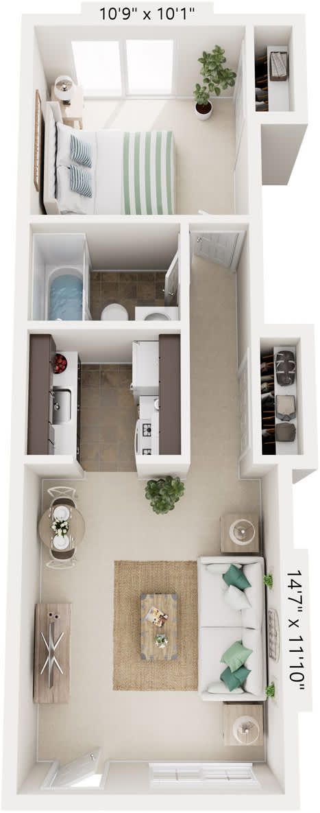 One Bedroom One Bath 3D Floor Plan at Newport Village Apartments, Portage, MI, 49002