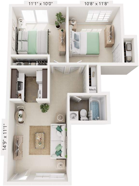 Two Bedroom One Bath 3D Floor Plan at Newport Village Apartments, Portage, MI