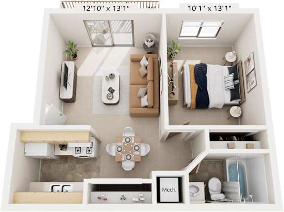 One Bedroom One Bath 3D Floor plan at Normandy Village Apartments, Michigan City, Indiana