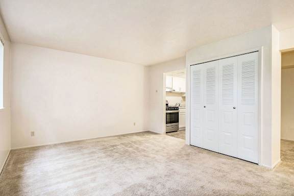 A living area with a large closet and a carpeted floor at Normandy Village Apartments, Michigan City, 46360