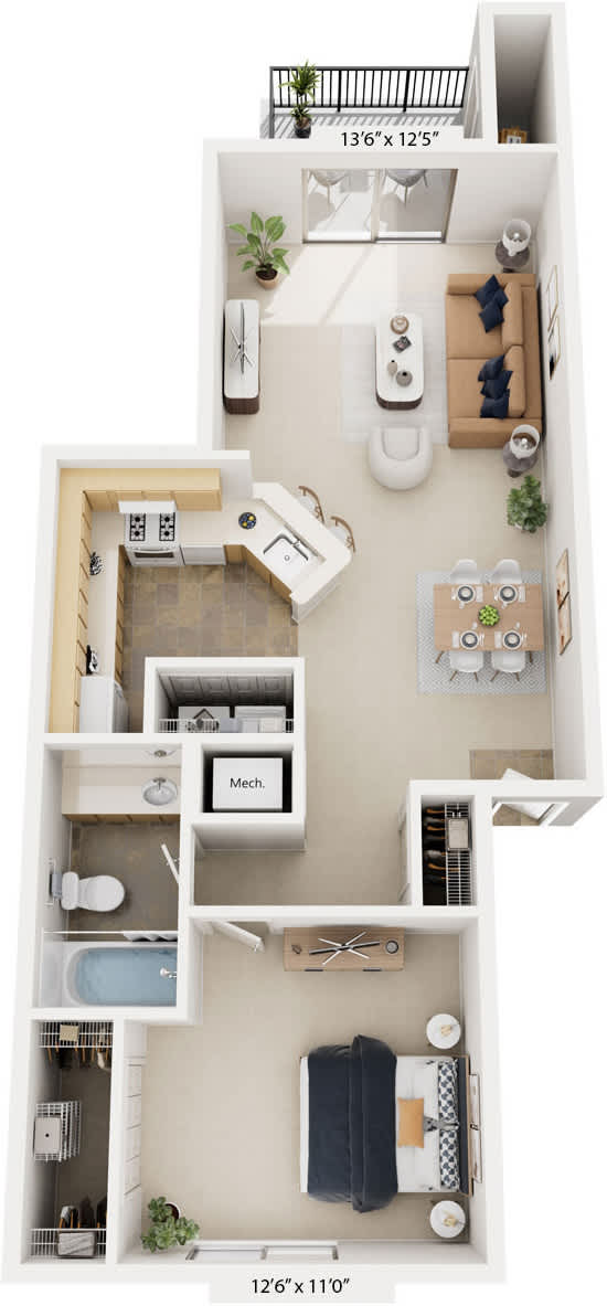 One Bedroom 3D Floorplan at North Pointe Apartments, Elkhart, IN, 46514