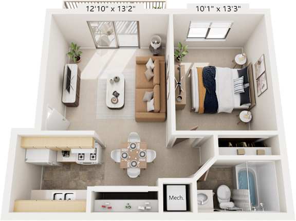 One Bedroom 3D Floor Plan at Old Farm Apartments, Elkhart, IN