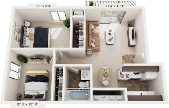 Two Bedroom 3D Floor Plan at Old Farm Apartments, Elkhart, 46517