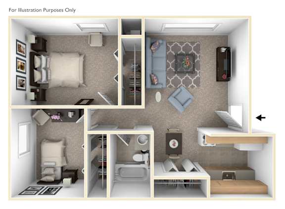 Two Bedroom 3D Floor Plan at Old Farm Apartments, Elkhart, 46517
