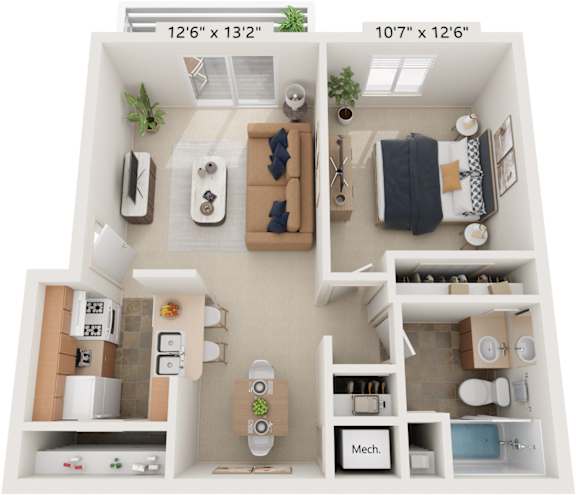 Alpine One Bedroom 3D Floor Plan at Old Monterey Apartments, Springfield, MO, 65807