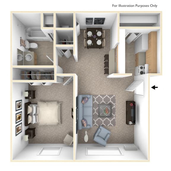 One Bedroom Cape Cod Floor Plan at Trappers Cove Apartments, Lansing, MI