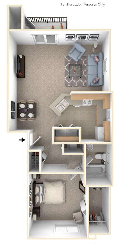 One Bedroom End Floor Plan at Trillium Pointe Apartment Homes, Michigan, 49201