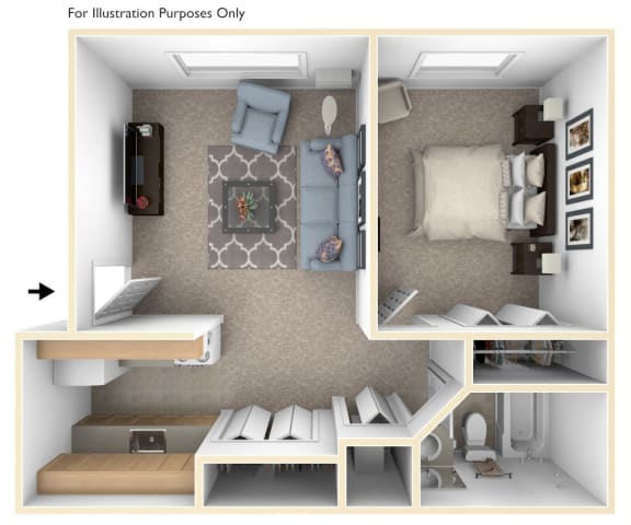 One Bedroom One Bath Floorplan at Hickory Village Apartments, Indiana