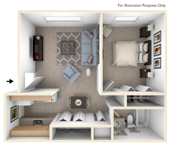 One Bedroom Floor Plan at Waverly Park Apartments, Lansing, Michigan