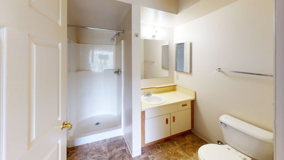 a bathroom with a toilet and a sink and a shower at Orchard Lakes Apartments, Toledo, 43615