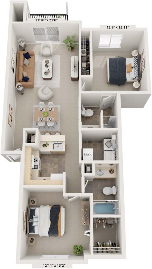 Two bedroom two bathroom 3D floor plan Two bedroom two bathroom 3D floor plan at Orchard Lakes Apartments, Toledo, Ohio