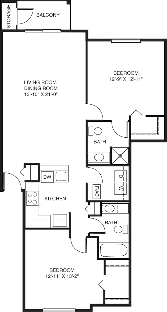 Two bedroom 2D floor plan at Orchard Lakes Apartments, Toledo, 43615