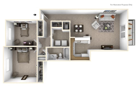 2-Bed/1-Bath, Petunia Floor Plan at The Springs Apartment Homes, Michigan, 48377