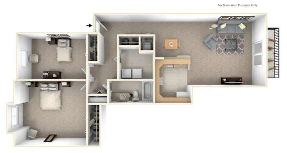A cutaway diagram of a house showing the interior layout of the kitchen, living room, and bedrooms.