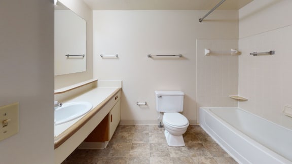 a bathroom with a toilet and a sink and a tub at Pine Knoll Apartments, Michigan, 49014