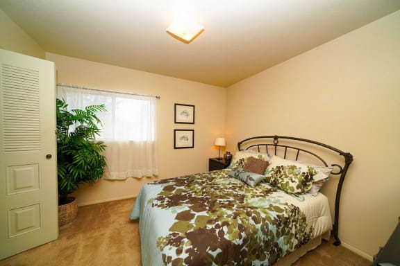 a bedroom with a bed and a potted plant  at Pine Knoll Apartments, Michigan, 49014
