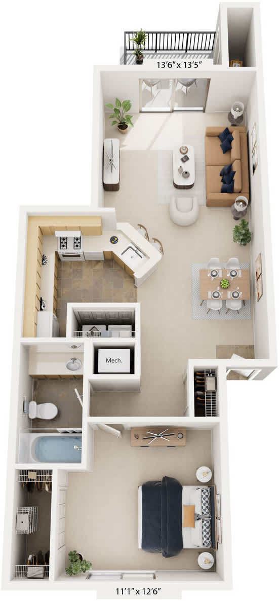 One Bedroom 3D Floor Plan at Pine Knoll Apartments, Battle Creek