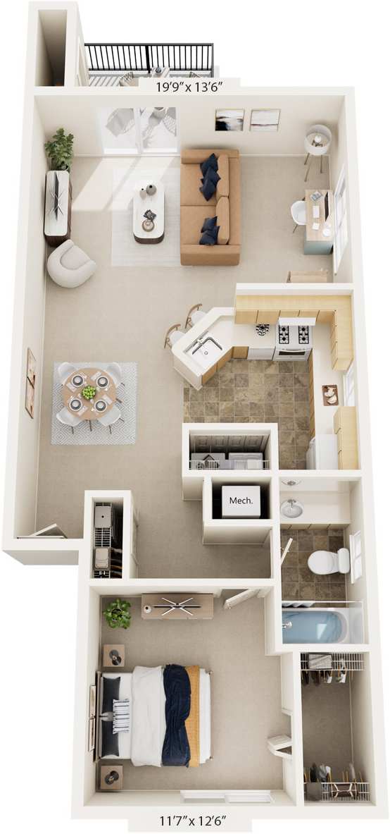 One Bedroom End 3D Floor Plan at Pine Knoll Apartments, Michigan