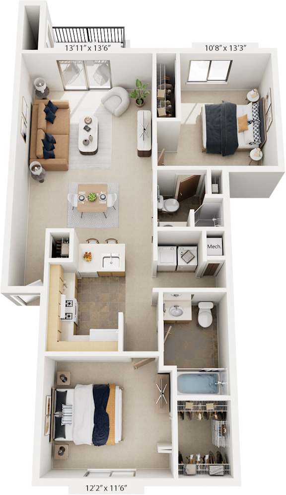 Two Bedroom, Two Bath 3D Floor Plan at Pine Knoll Apartments, Michigan, 49014