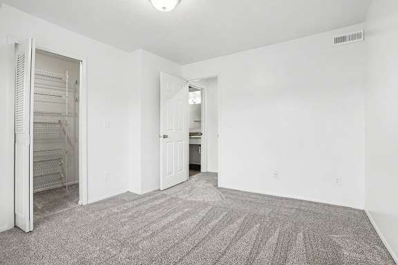 A bedroom with a carpeted floor and a walk-in closet at Pine Knoll Apartments, Battle Creek