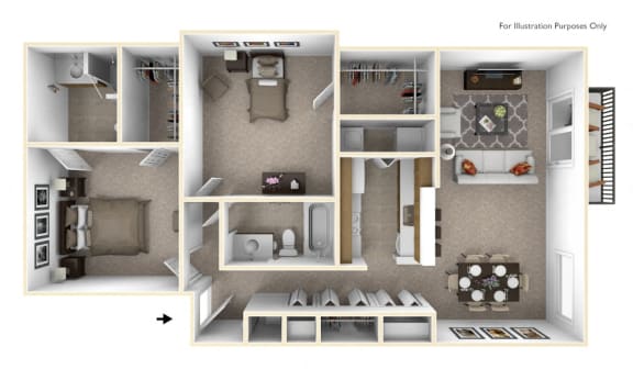 2-Bed/2-Bath, Poinsettia Floor Plan at Portsmouth Apartments, Michigan, 48377