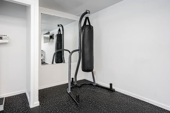 A black punching bag is hanging from a stand in a room.