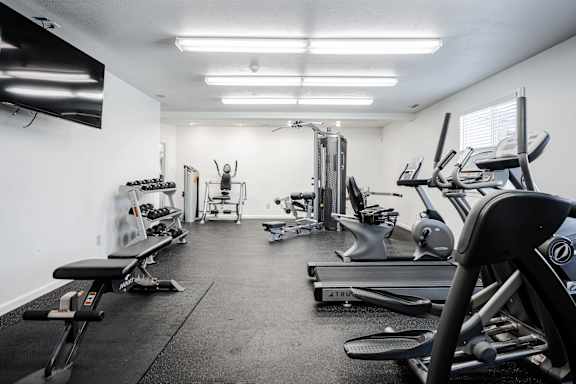 A well-equipped gym with various exercise machines and weights.