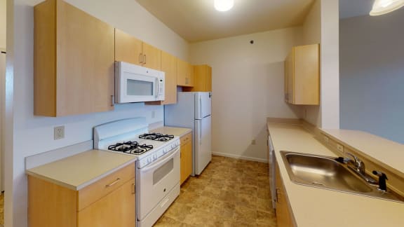 a kitchen with a stove microwave and sink  at Hunters Pond Apartment Homes, Champaign, IL