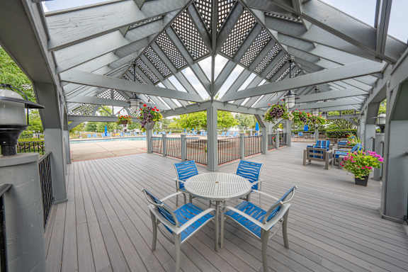 A patio with a table and chairs under a canopy.