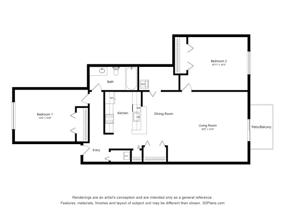 2 Bed 1 Bath Floor Plan at Portsmouth Apartments, Novi, MI, 48377