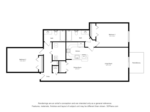 2 Bed 2 Bath Floor Plan at Portsmouth Apartments, Novi, 48377