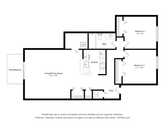 2 Bed 1 Bath Floor Plan at Portsmouth Apartments, Michigan, 48377