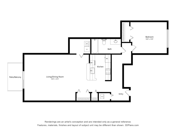 1 Bed 1 Bath Floor Plan at Portsmouth Apartments, Novi