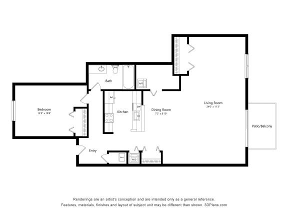 1 Bed 1 Bath Floor Plan at Portsmouth Apartments, Michigan